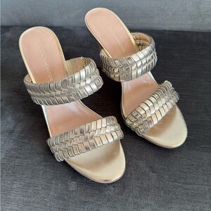 BCBGeneration Women's Jendi Heeled Sandal Gold Size 8 Braided Two Band Mule BCBG